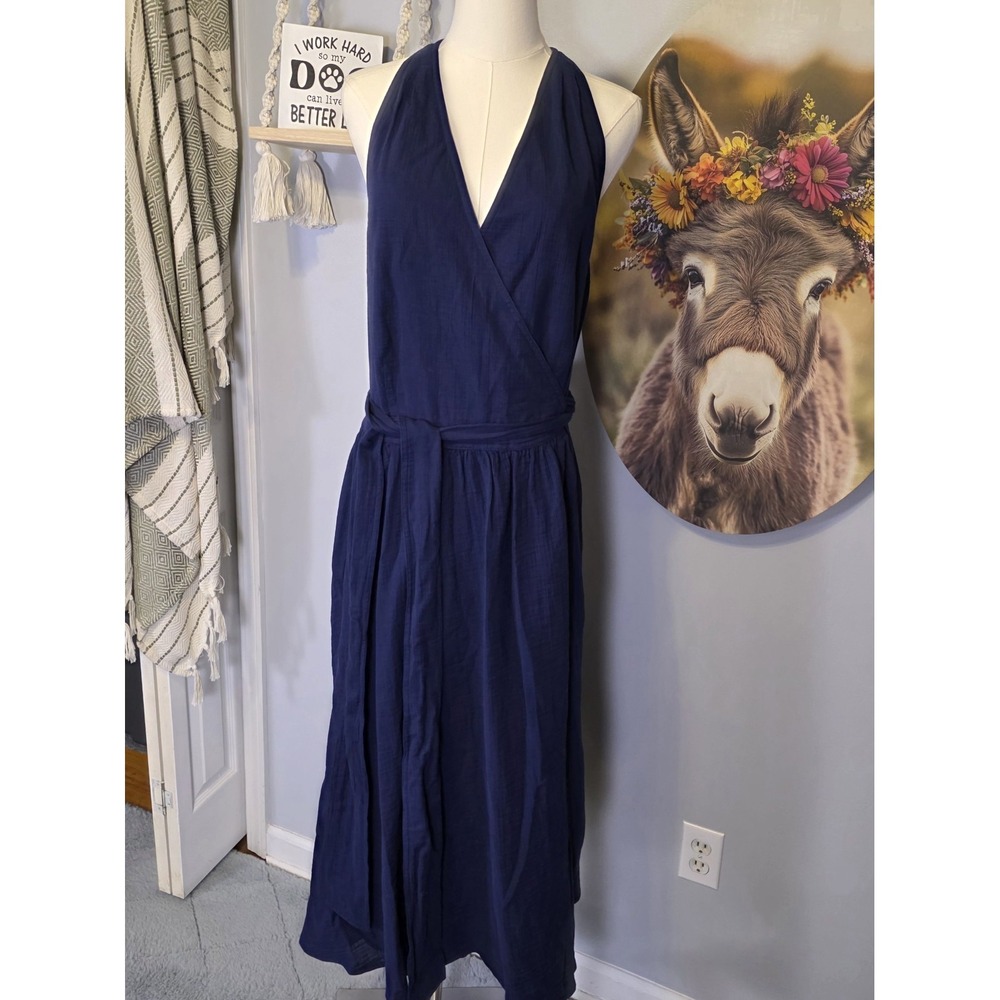 Polo Ralph Lauren Belted Cotton Gauze Halter Wrap Dress Size 18 Blue